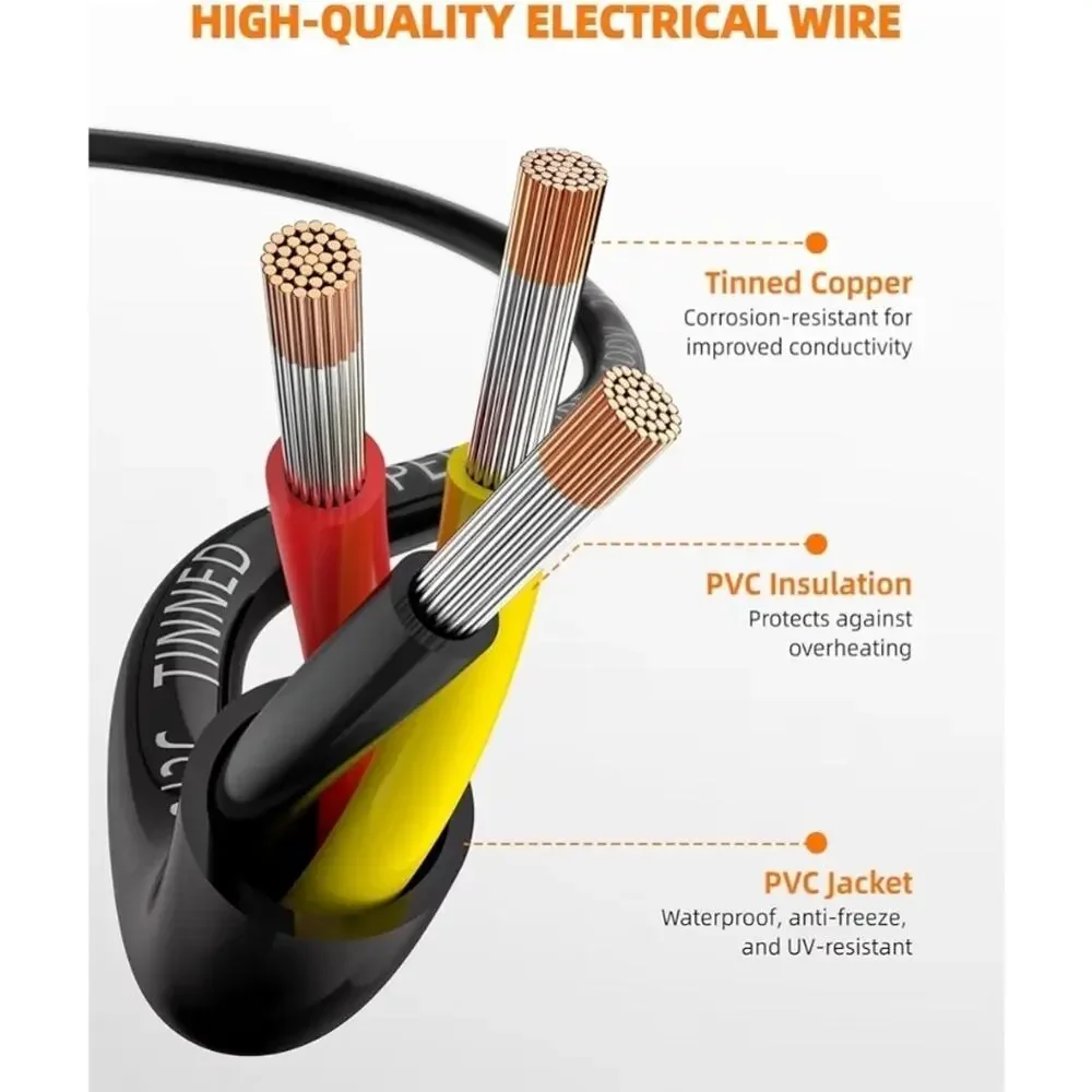 16 Gauge Wire 3 Conductor Electrical Wire, Tinned Copper Stranded PVC, 50 Feet